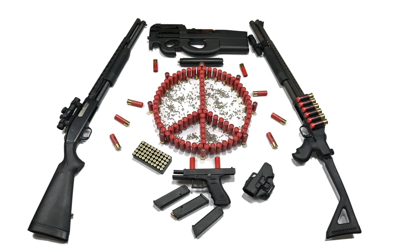 Фото обои пистолет, оружие, знак, автомат, патроны, помповое ружьё