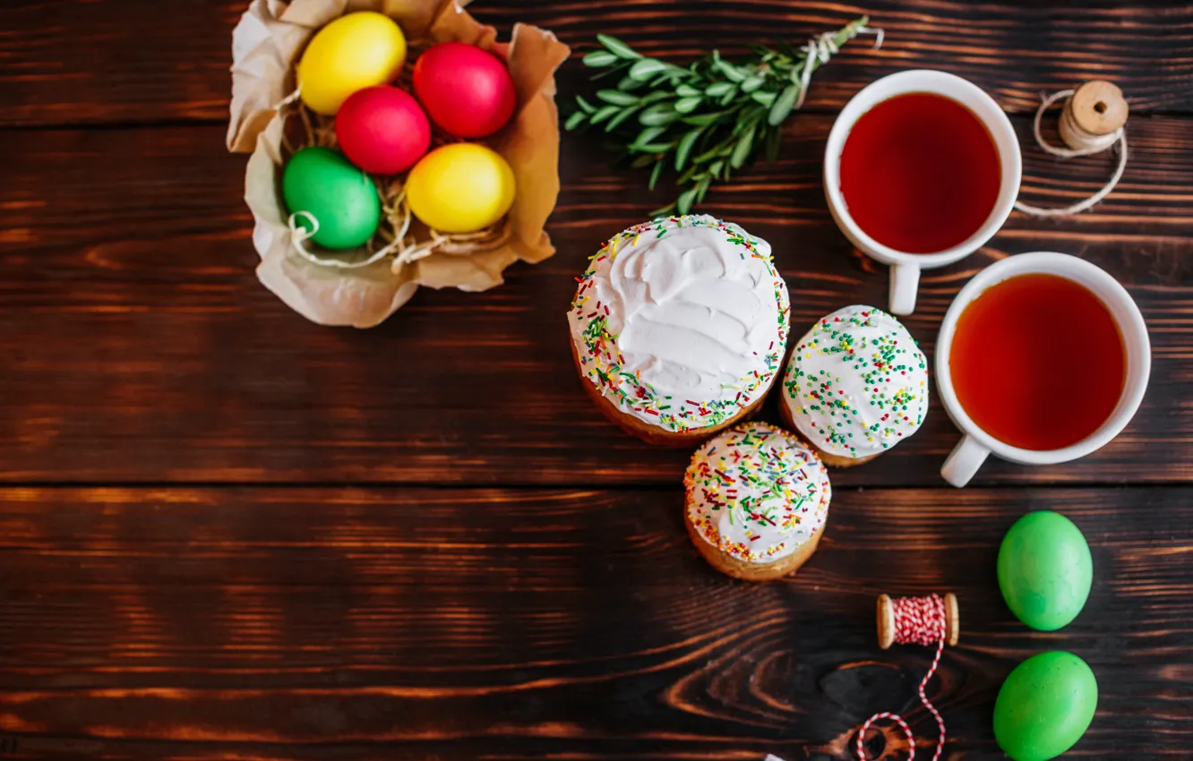 Фото обои праздник, чай, яйца, Пасха, кулич