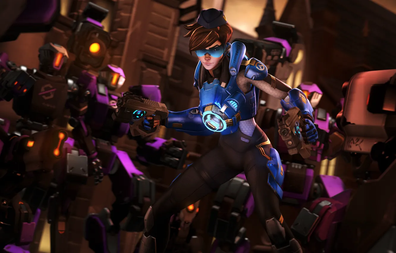 Фото обои девушка, рендеринг, роботы, tracer, overwatch, Lena Oxton