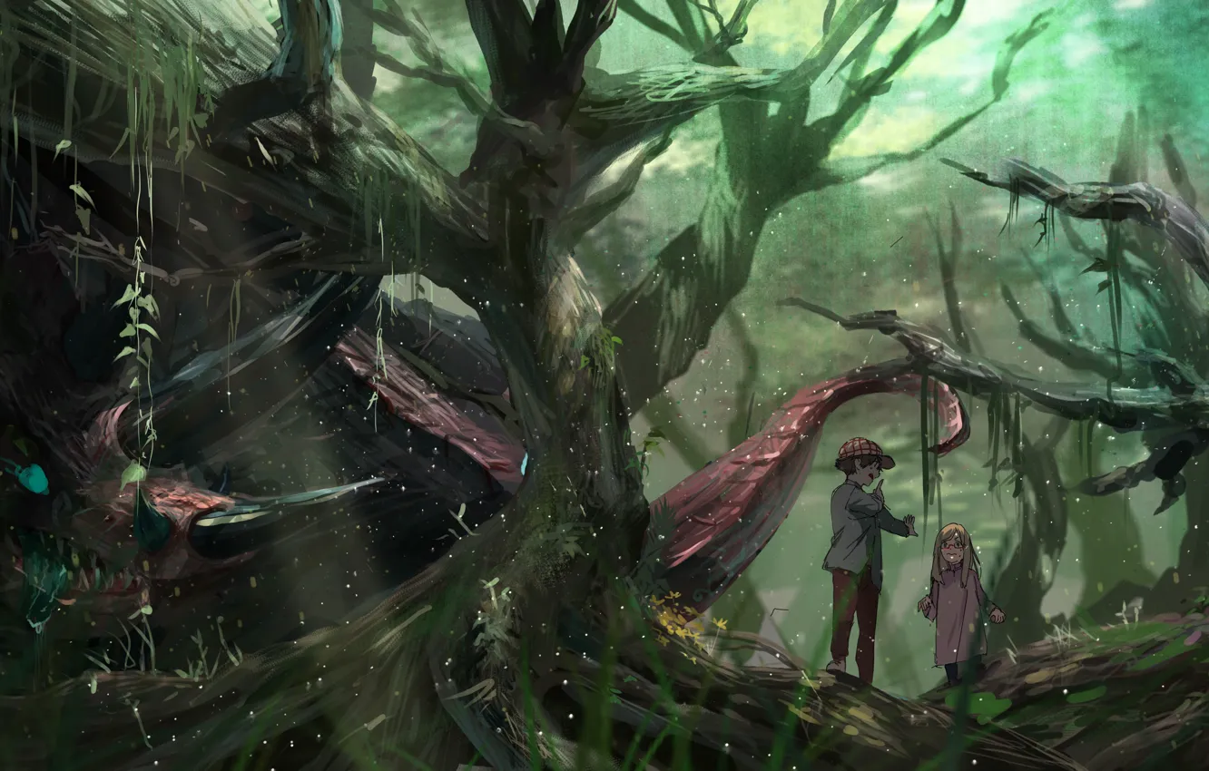 Фото обои лес, деревья, природа, дети, монстр, аниме, мальчик, арт