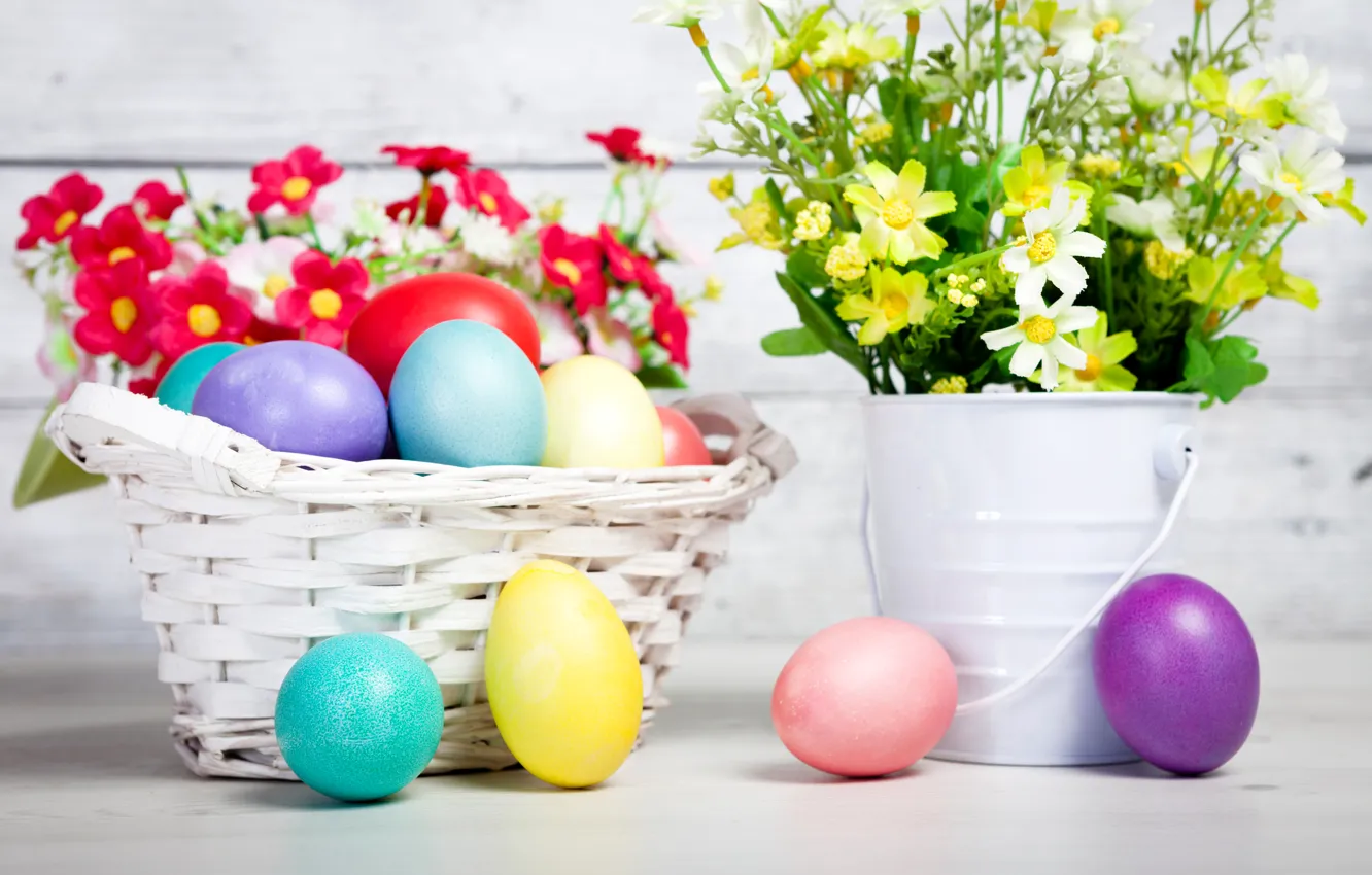 Фото обои цветы, яйца, пасха, разноцветные, flowers, Easter, eggs