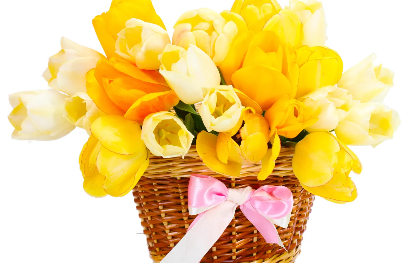 Фото обои корзина, букет, желтые, тюльпаны, бант