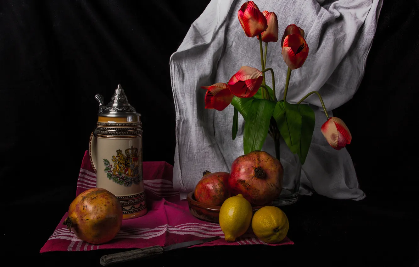 Фото обои цветы, лимон, тюльпан, натюрморт, гранат, термос