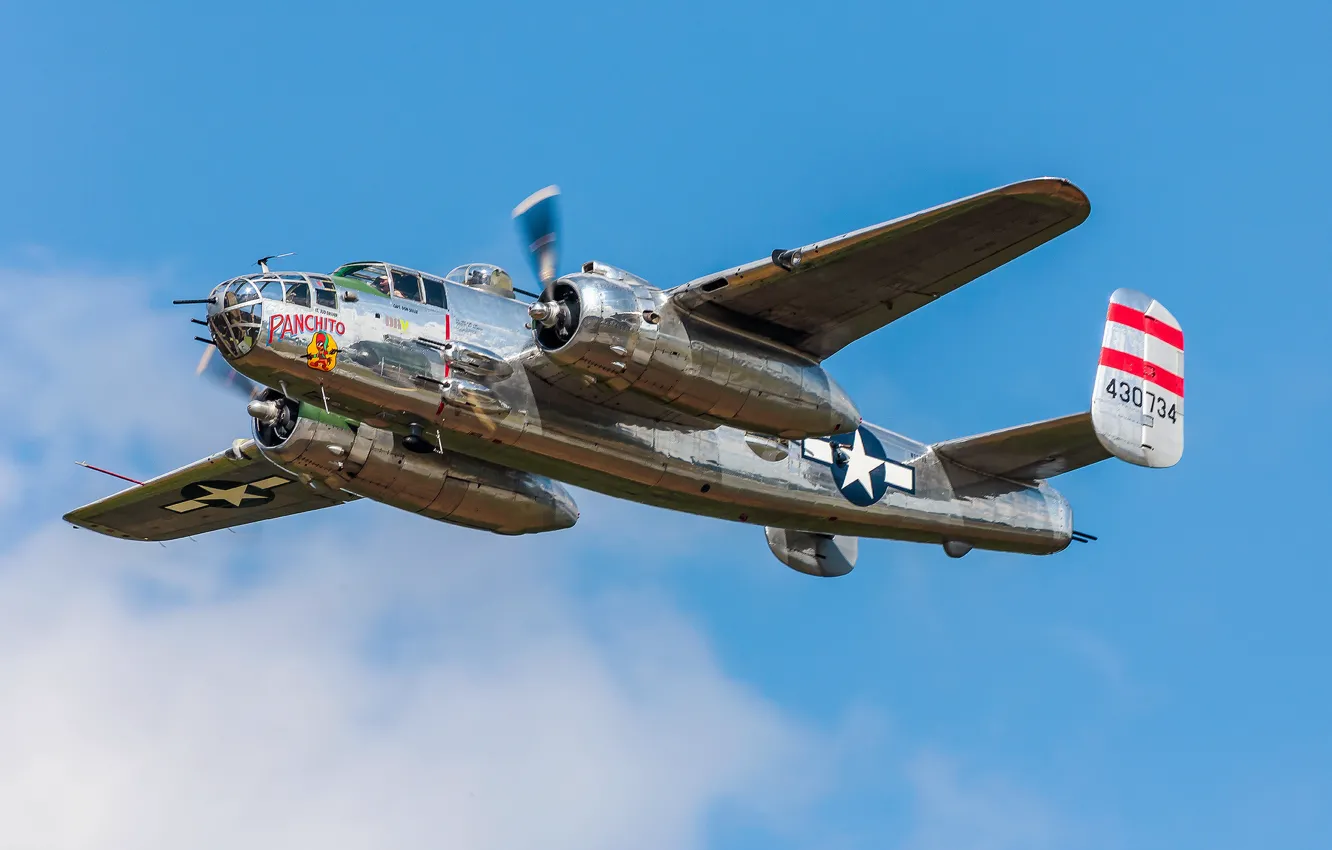 Фото обои небо, полет, бомбардировщик, North American, двухмоторный, средний, B-25J, Mitchell