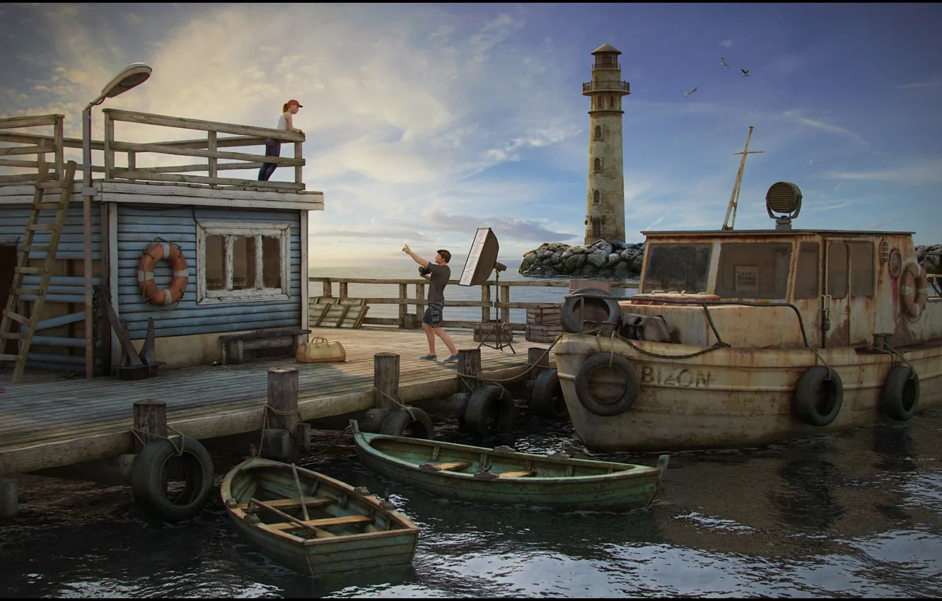 Фото обои маяк, лодки, катер, шины, Pier