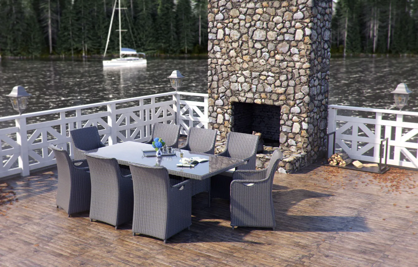 Фото обои мебель, яхта, дрова, водоём, Rattan Furniture CGI
