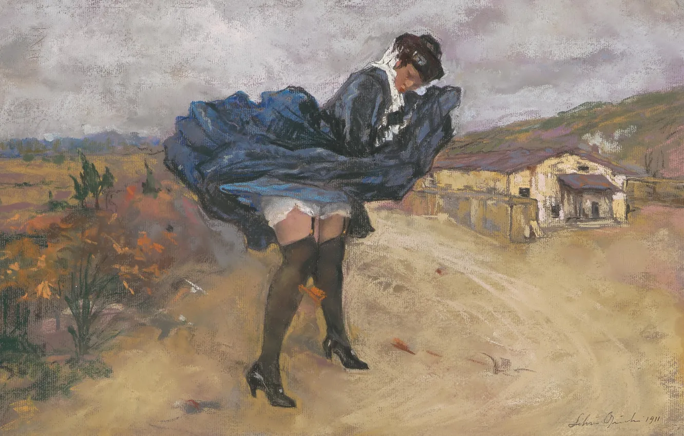 Фото обои 1911, итальянский живописец, Italian painter, Silvio Bicchi, The gust of wind, Порыв ветра, Pastel on …