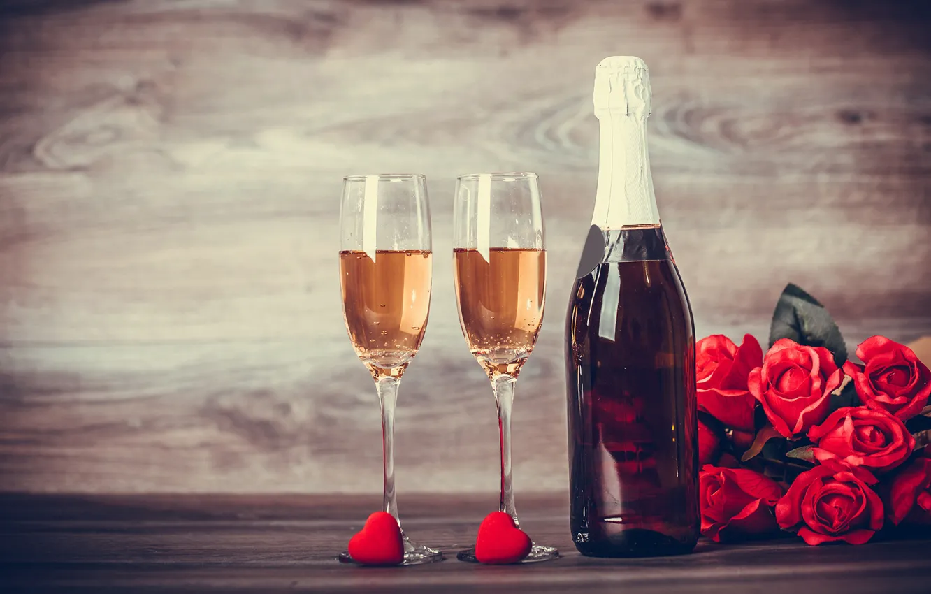 Фото обои цветы, романтика, розы, бокалы, шампанское, 8 марта