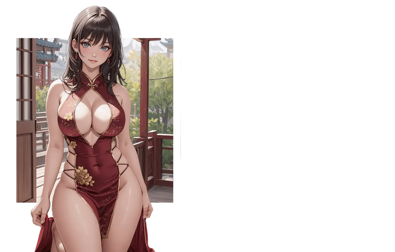 Фото обои red, girl, hot, cleavage, boobs, anime, figure, pretty