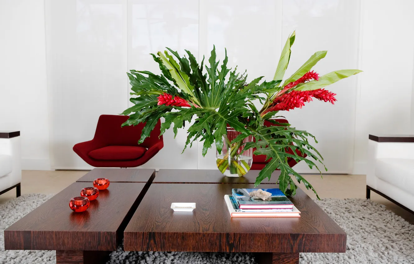 Фото обои цветы, диван, ковер, кресло, ваза, столик, гостиная