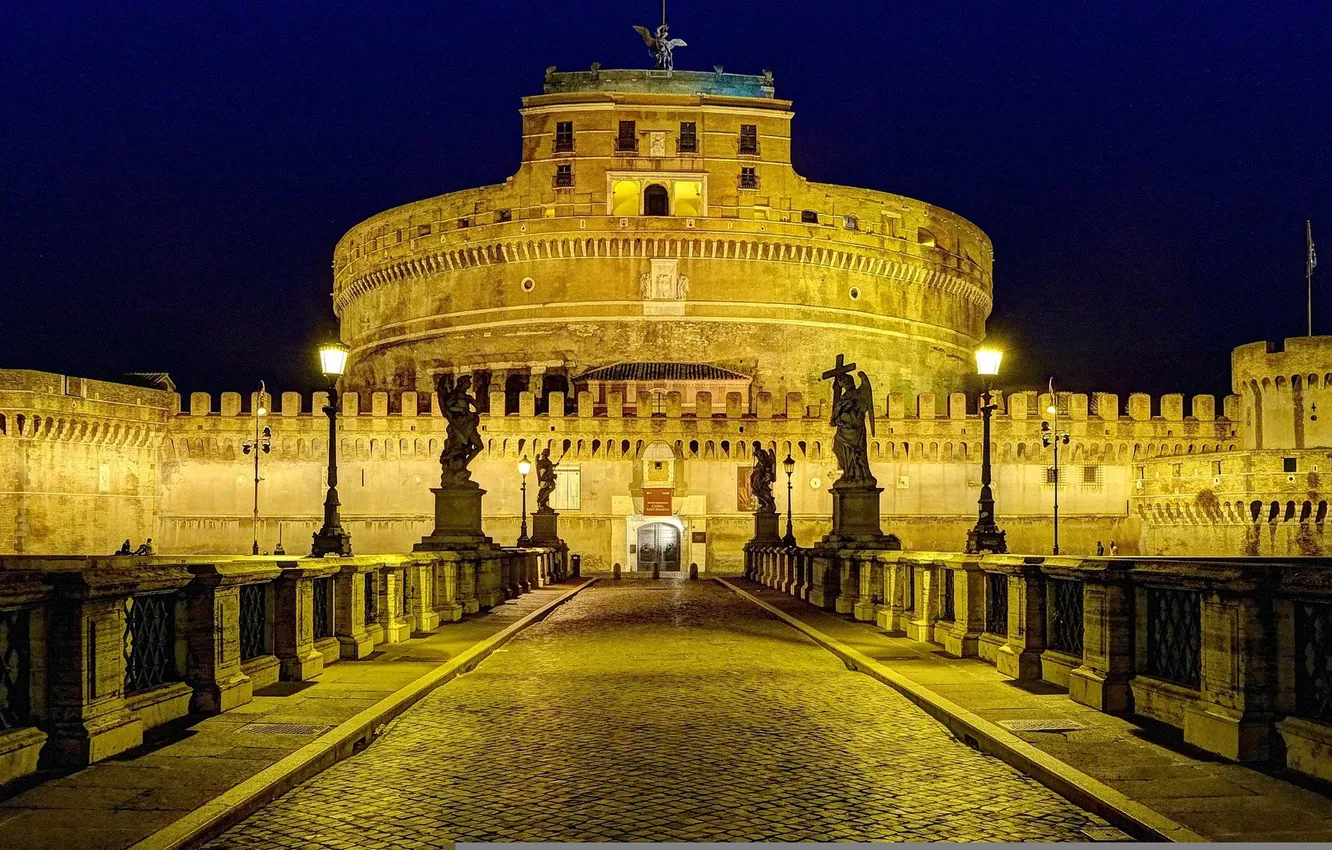 Фото обои небо, ночь, мост, огни, скульптура, италия, рим, замок Святого Ангела