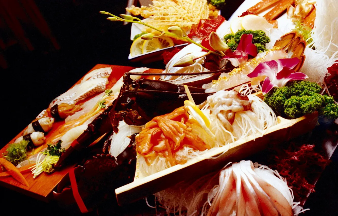 Фото обои суши, морепродукты, лапша, деликатесы
