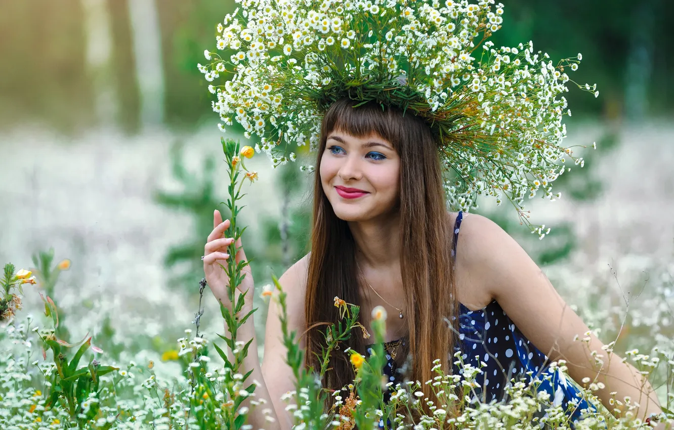 Фото обои девушка, цветы, природа, венок