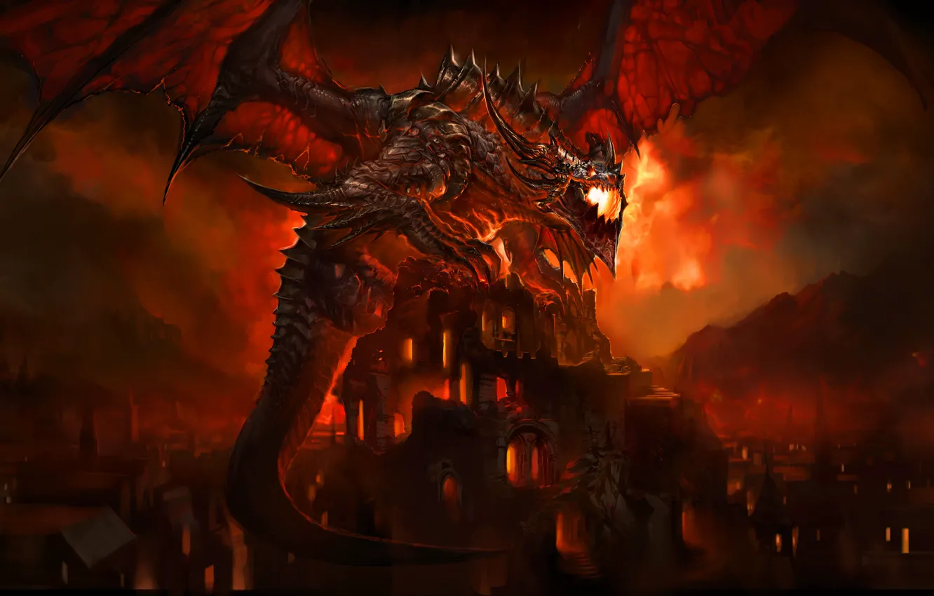 Фото обои Дракон, Игра, Крылья, World of Warcraft, WOW, Fantasy, Cataclysm, Смертокрыл