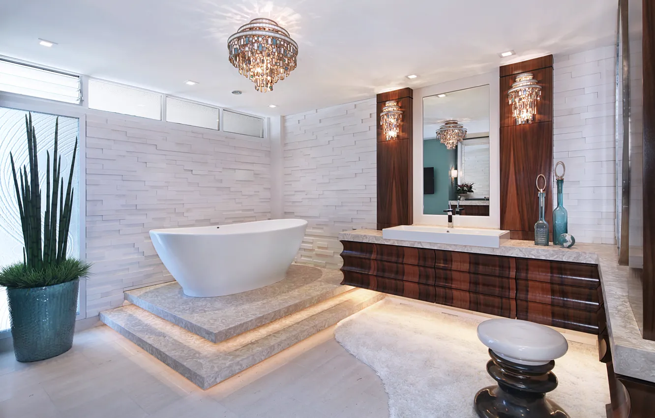 Фото обои вилла, зеркало, люстра, ванна, роскошь, design, interior, bathroom