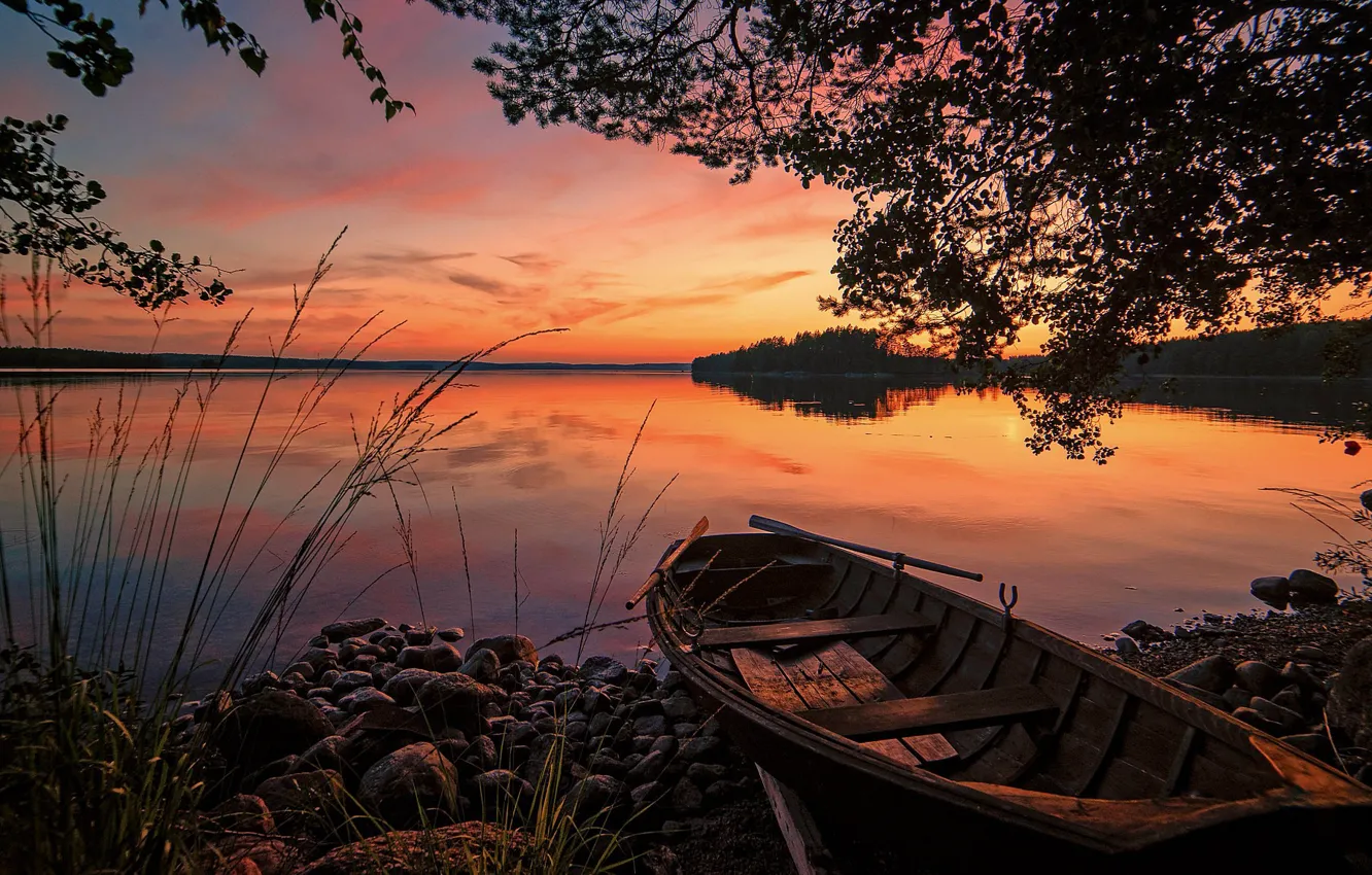 Фото обои закат, озеро, лодка, вечер, Финляндия