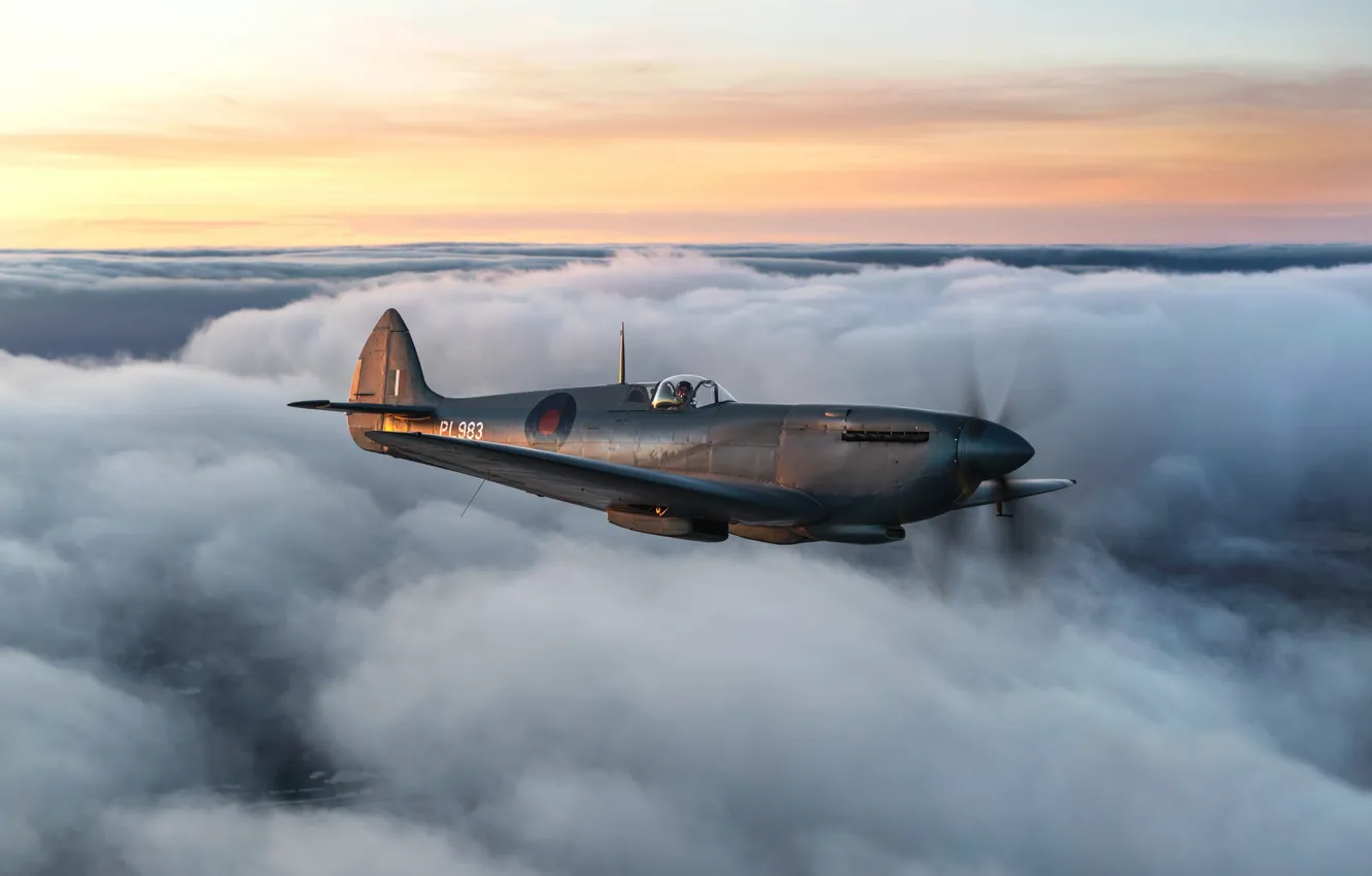 Фото обои Небо, Облака, Истребитель, Spitfire, RAF, Вторая Мировая Война, Supermarine Seafire, Spitfire PR.Mk XI