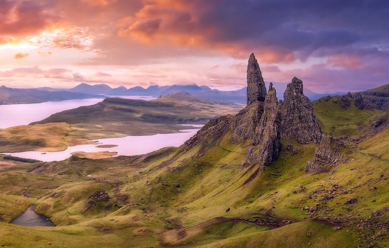 Фото обои Скала, Шотландия, Rock, Sunset, Scotland, Isle of Skye, Остров Скай, The Storr