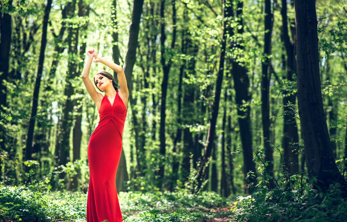 Фото обои red, girl, summer, fantasy, sexy, forest, fashion, dress