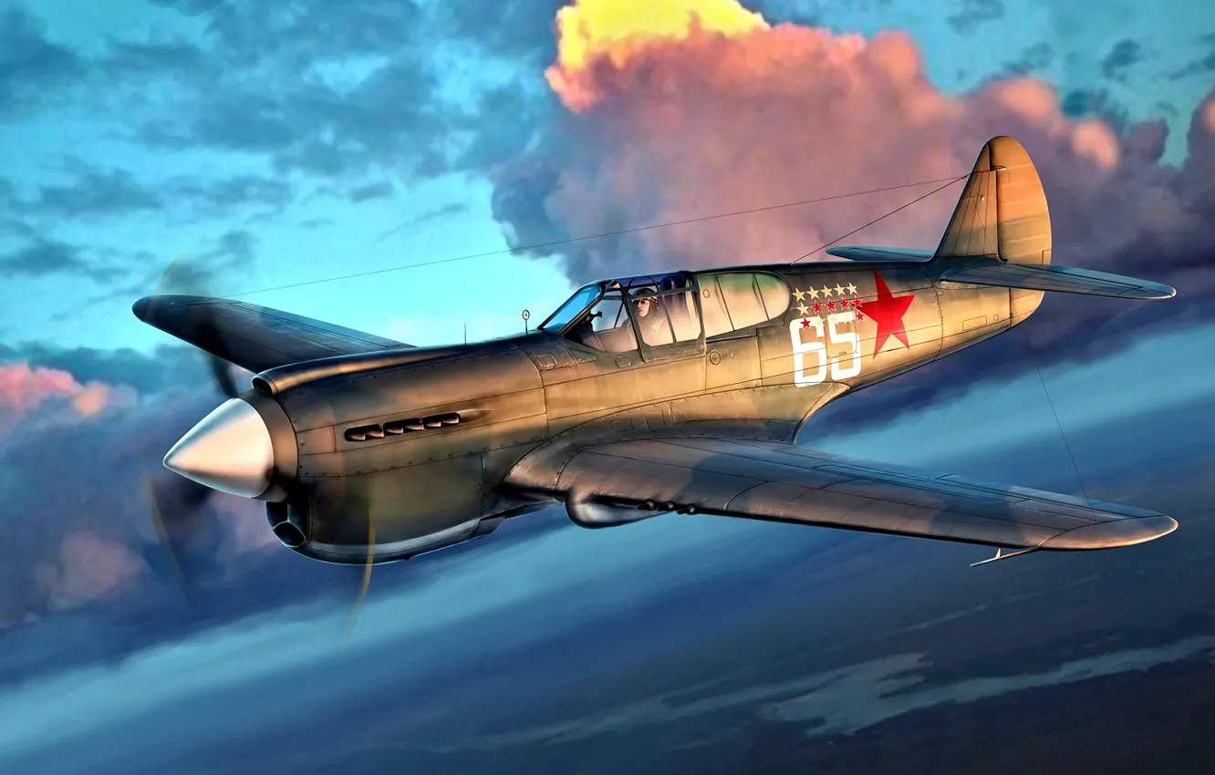 Фото обои Облака, истребитель, Великая Отечественная война, Warhawk, Вторая Мировая война, Американский, ВВС РККА, Ленд-лиз