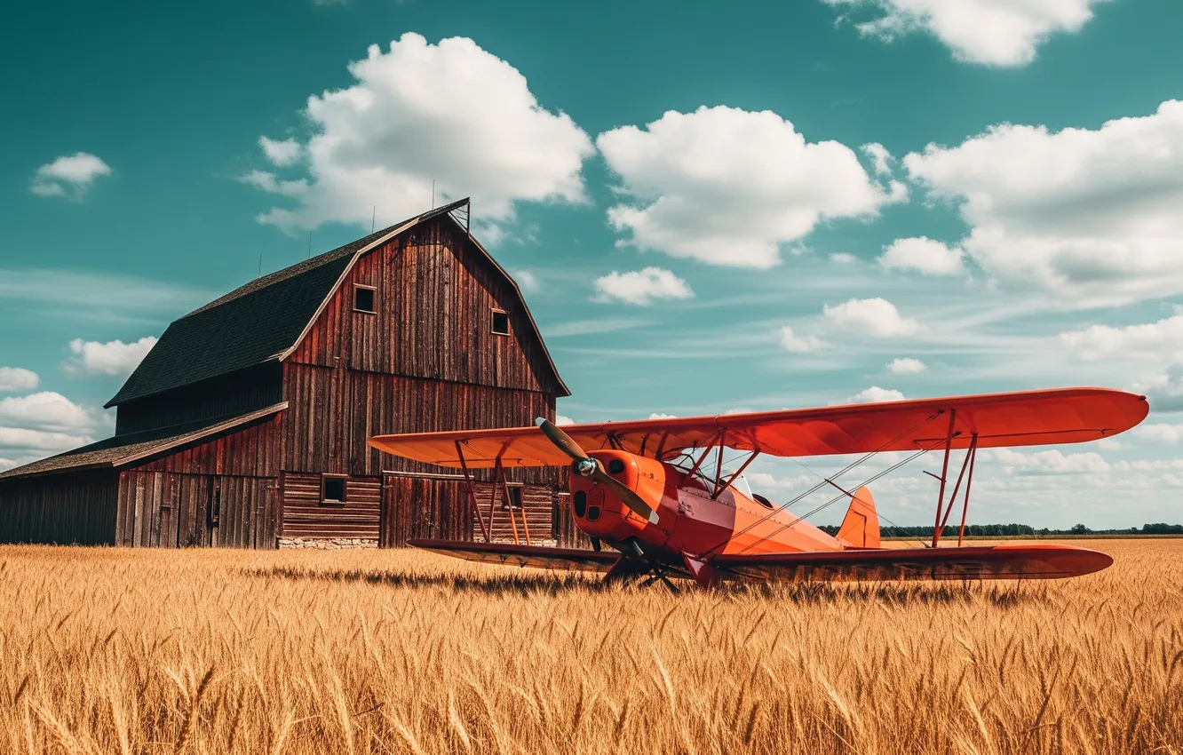 Фото обои пшеница, поле, небо, обои, арт, ангар, wallpaper, sky