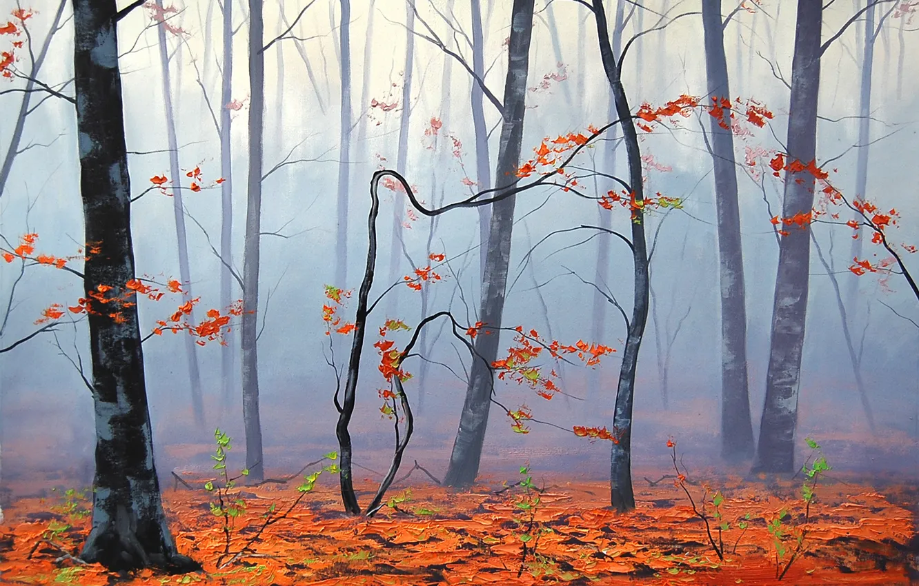 Фото обои осень, листья, деревья, природа, туман, арт, artsaus