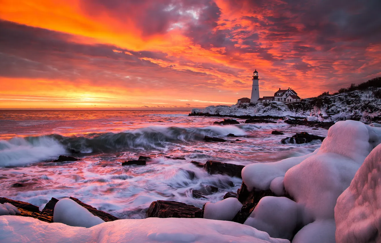 Фото обои зима, море, закат, маяк
