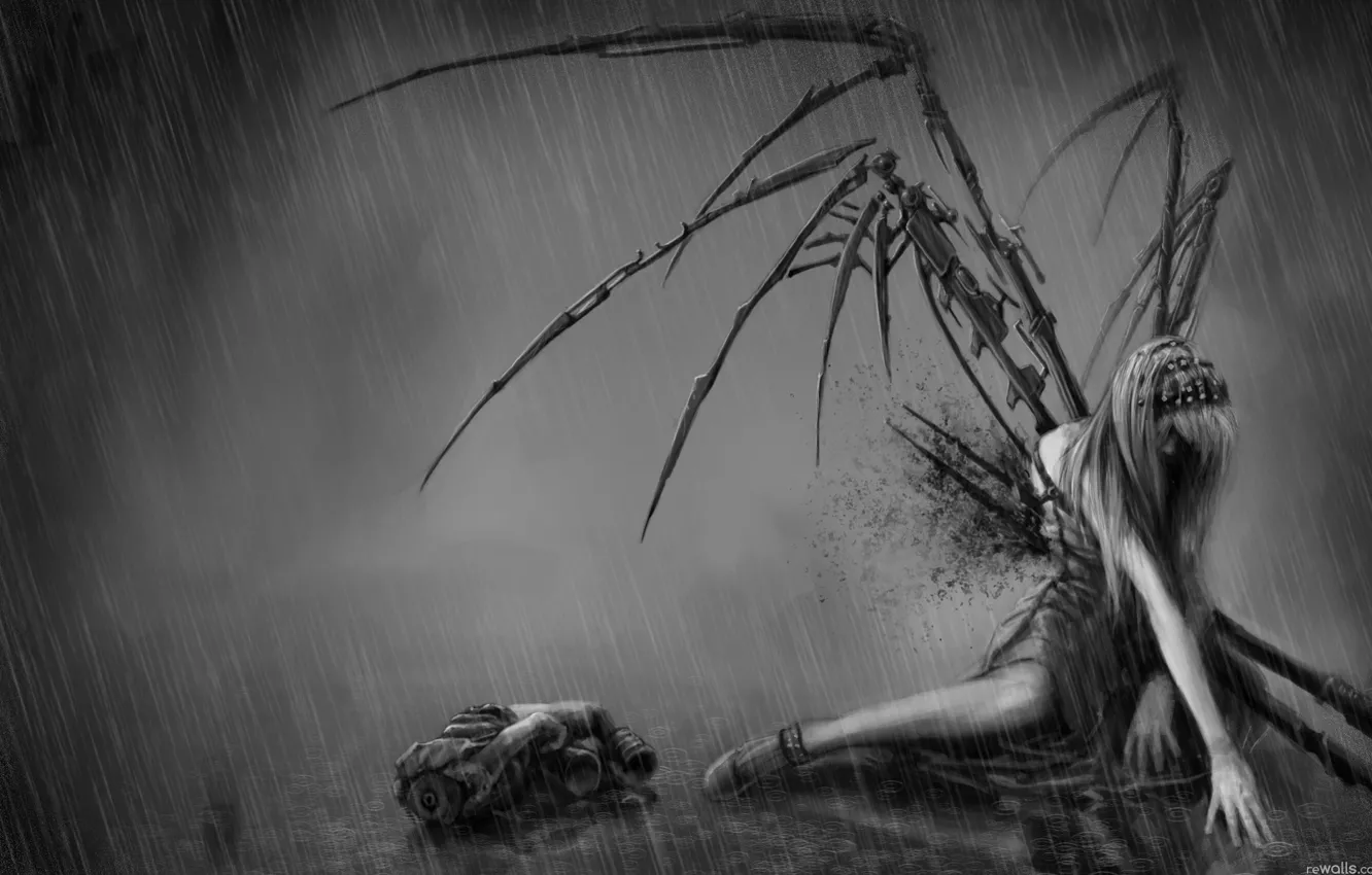 Фото обои девушка, дождь, готика, кровь, крылья, рана