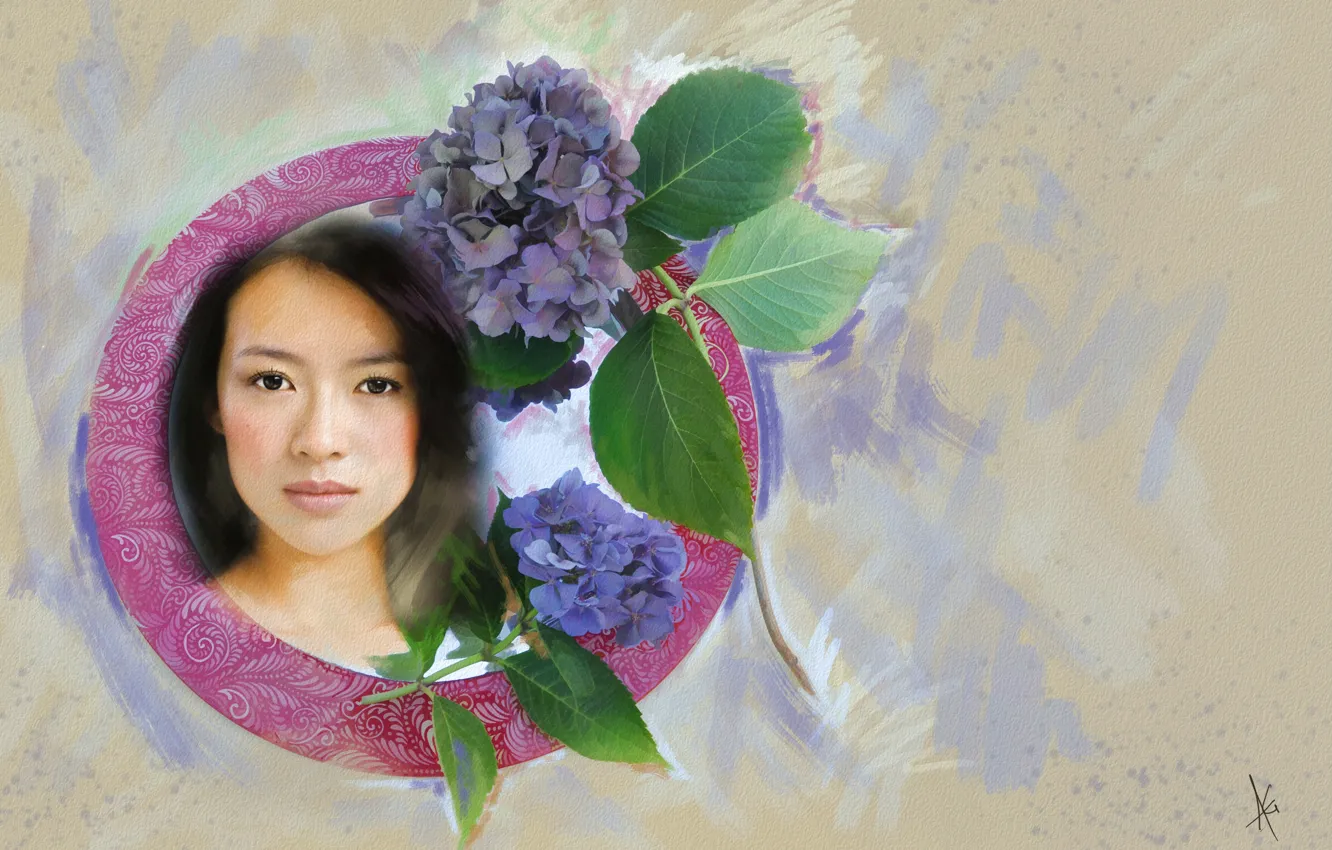 Фото обои взгляд, листья, девушка, цветы, лицо, фон, милая, рисунок