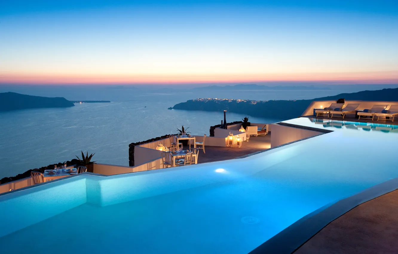 Фото обои море, вечер, бассейн, Grace, отель, Santorini