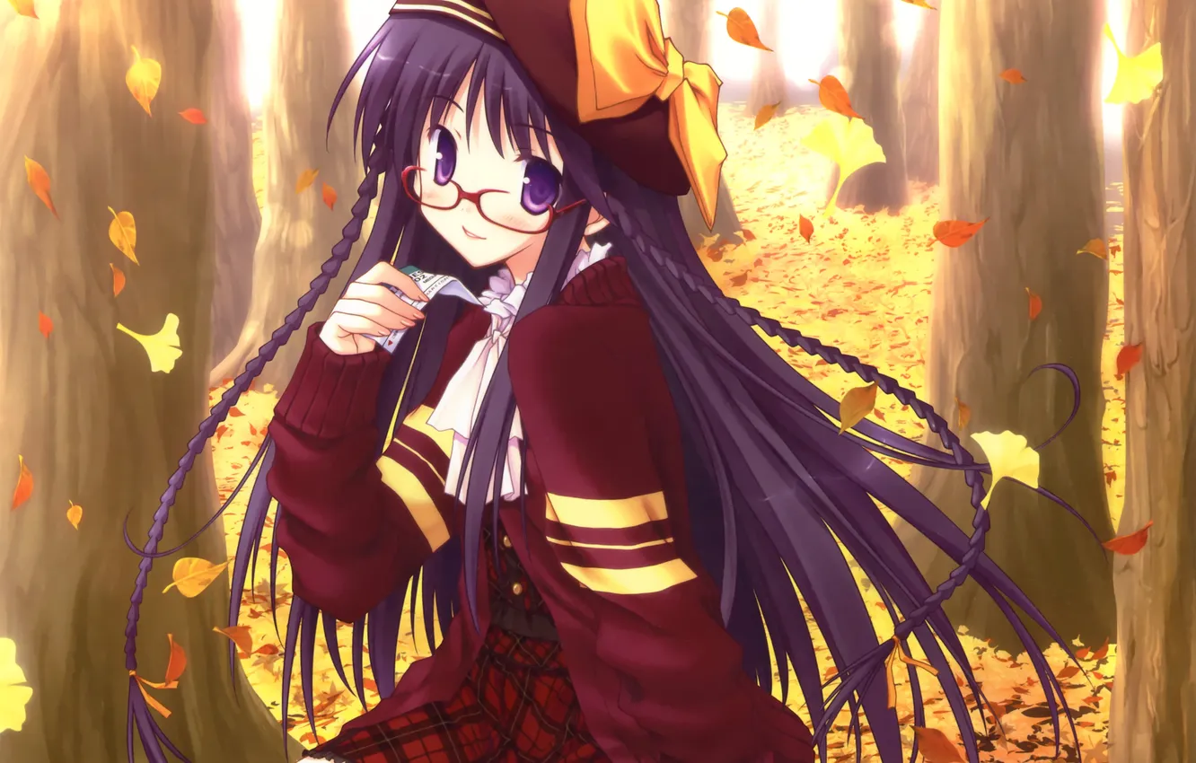 Фото обои осень, листья, девушка, деревья, аниме, арт, очки, бант
