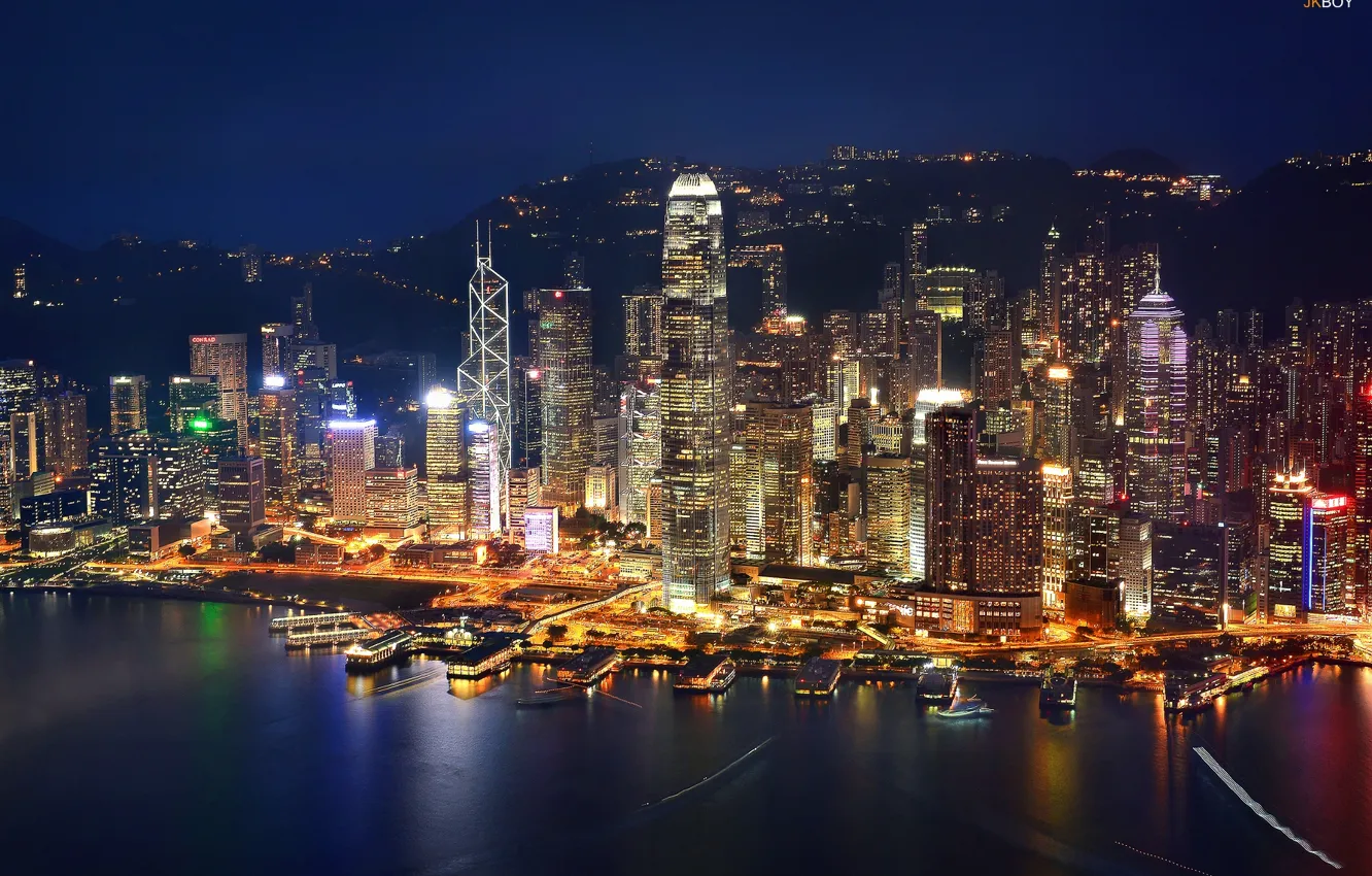 Фото обои ночь, огни, дома, Гонконг, вечер, Китай, Hong Kong, КНР