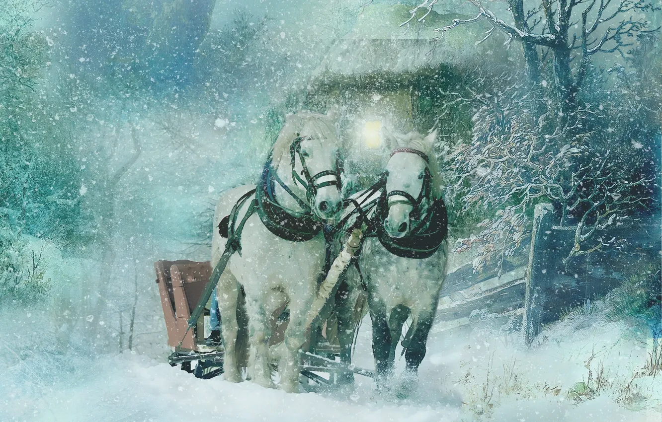 Фото обои зима, снег, кони, текстура, лошади, арт, сани