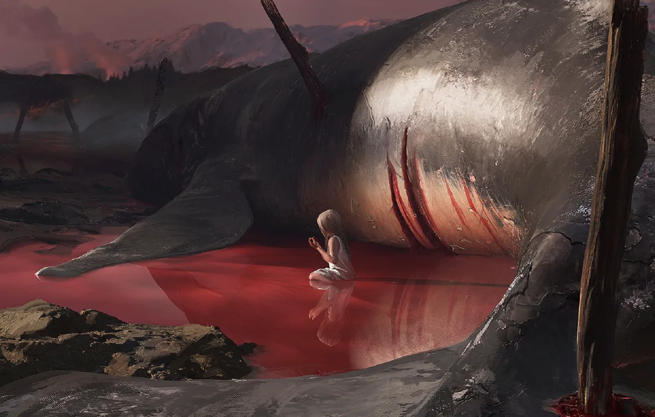 Фото обои смерть, безысходность, жертва, убийство, кит, малышка, art, лужа крови