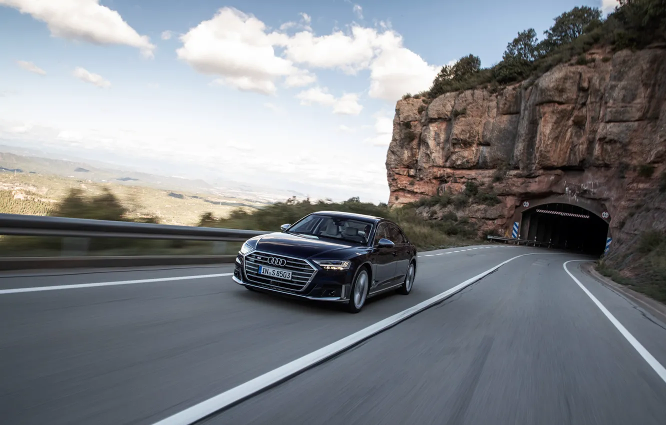 Фото обои дорога, синий, скала, Audi, тоннель, седан, Audi A8, Audi S8