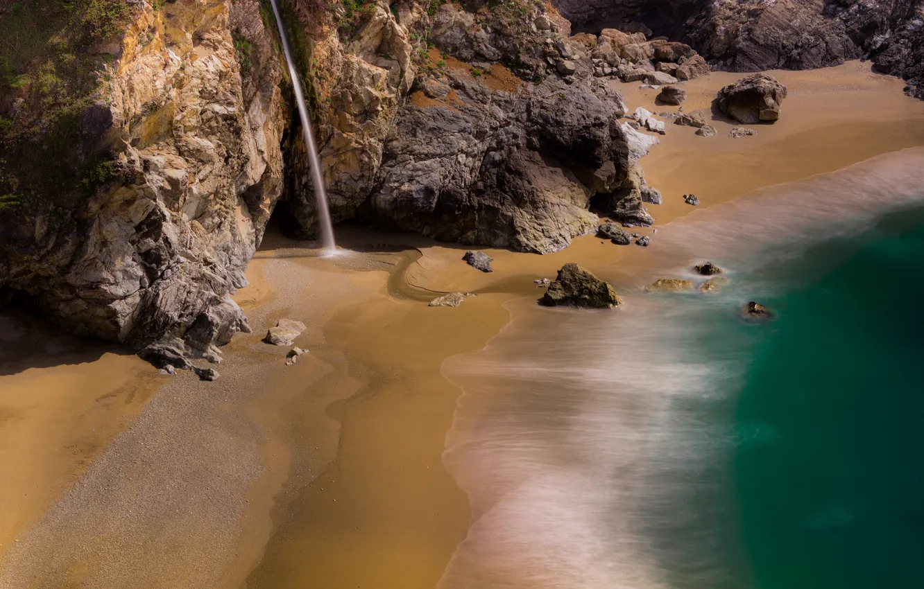 Фото обои море, скалы, берег, водопад