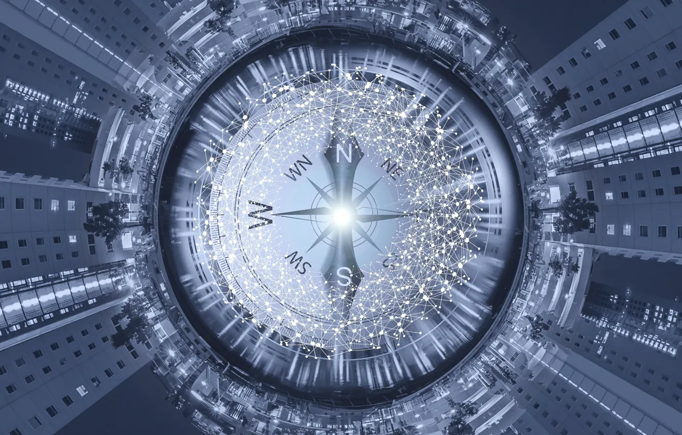 Фото обои город, сеть, технологии, интернет, компас, информационная паутина