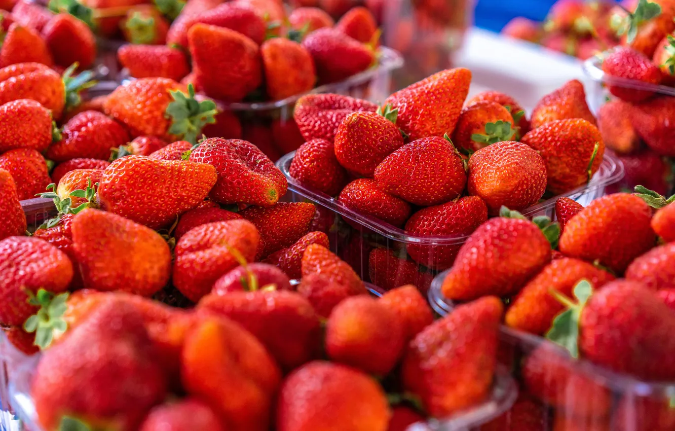 Фото обои ягоды, урожай, клубника, красные, много, контейнеры, боке, лотки