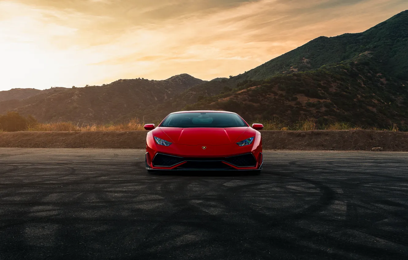 Фото обои горы, красный, вид спереди, Lamborghini Huracan