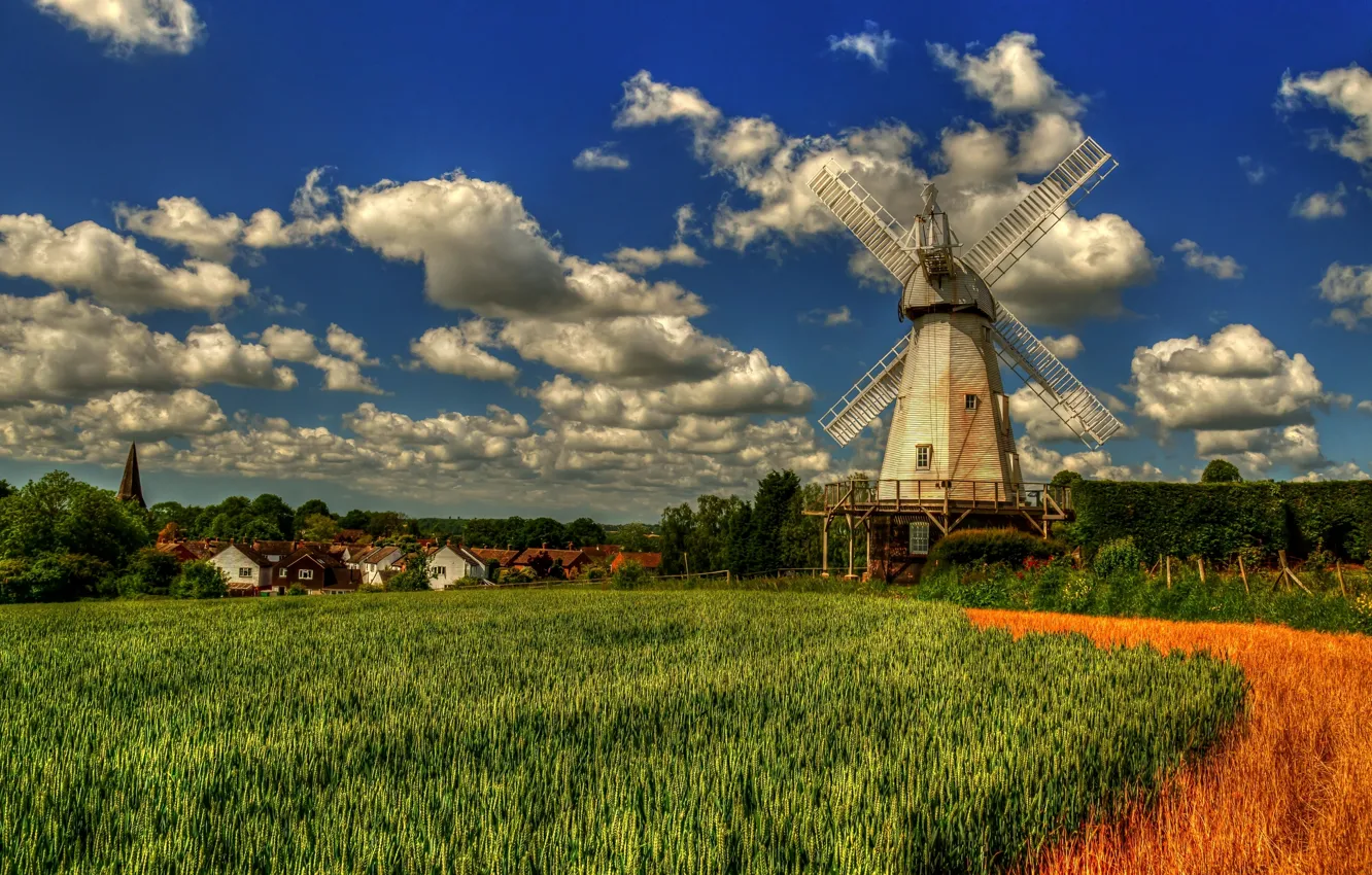 Фото обои поле, облака, Англия, Кент, деревня, мельница, England, Kent