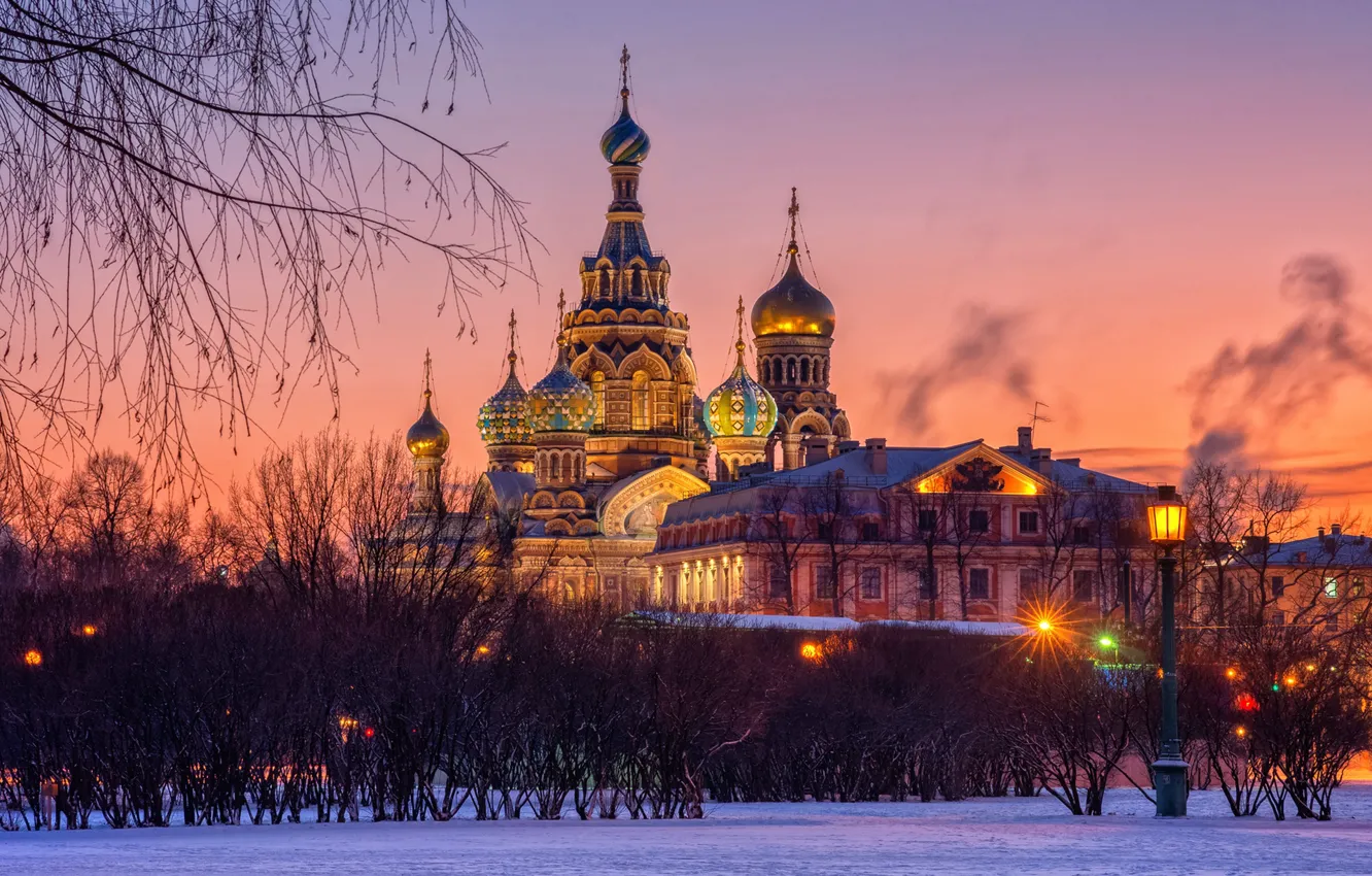 Фото обои зима, закат, Санкт-Петербург, Спас на Крови