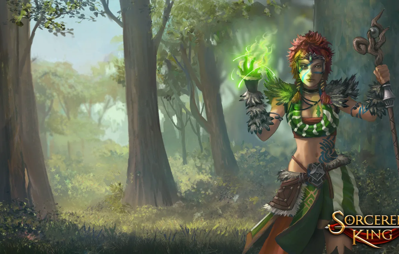 Фото обои лес, женщина, татуировка, посох, Sorcerer King