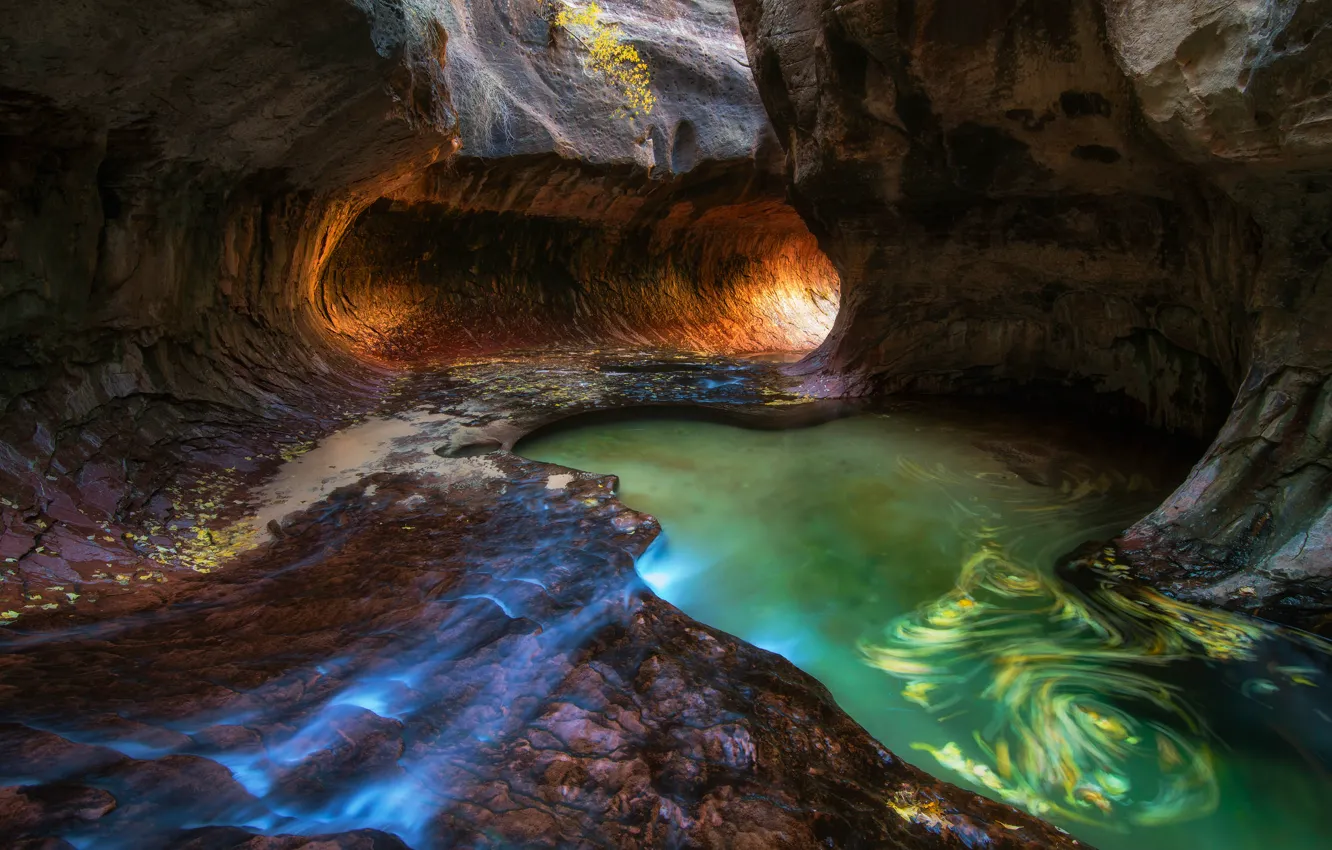 Фото обои осень, вода, скалы, поток, выдержка, США, штат Юта, Октябрь