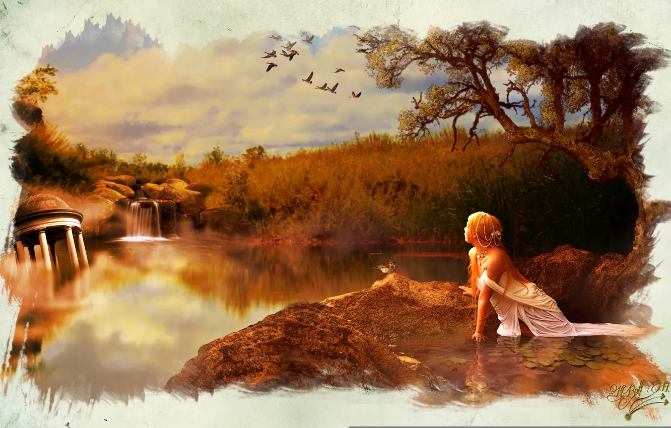 Фото обои обломки, девушка, птицы, озеро, дерево, арт, кувшинки