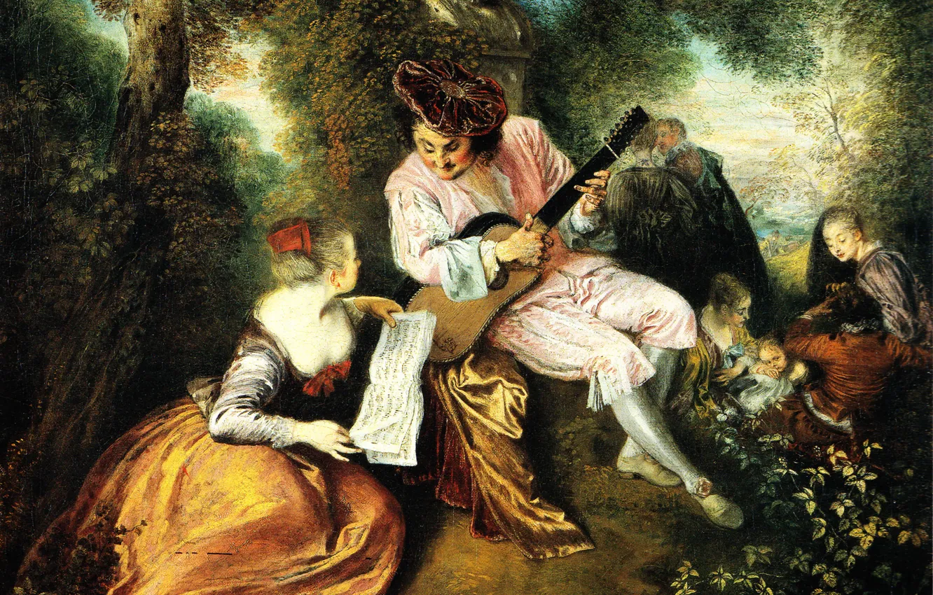 Фото обои музыка, картина, жанровая, Jean Antoine Watteau, Антуан Ватто, Гамма Любви