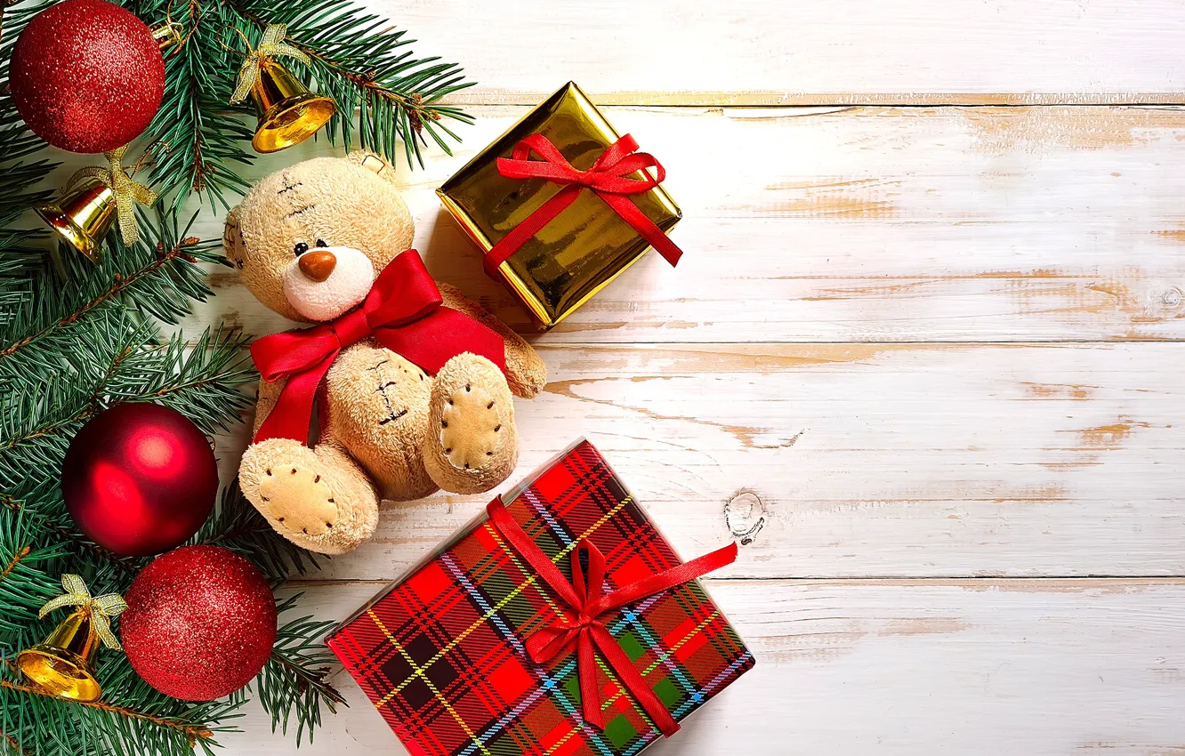 Фото обои игрушки, елка, Рождество, мишка, подарки, Новый год