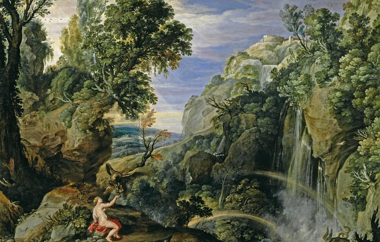 Фото обои скалы, водопад, картина, Питер Пауль Рубенс, мифология, Пейзаж с Психеей и Юпитером, Pieter Paul Rubens