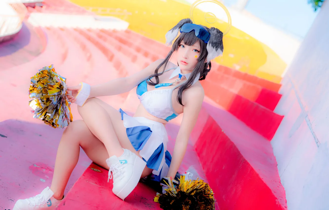 Фото обои Asian, model, women, cosplay, shaved pubic hair, cheerleaders, lifting clothes, Nekozuka Hibiki