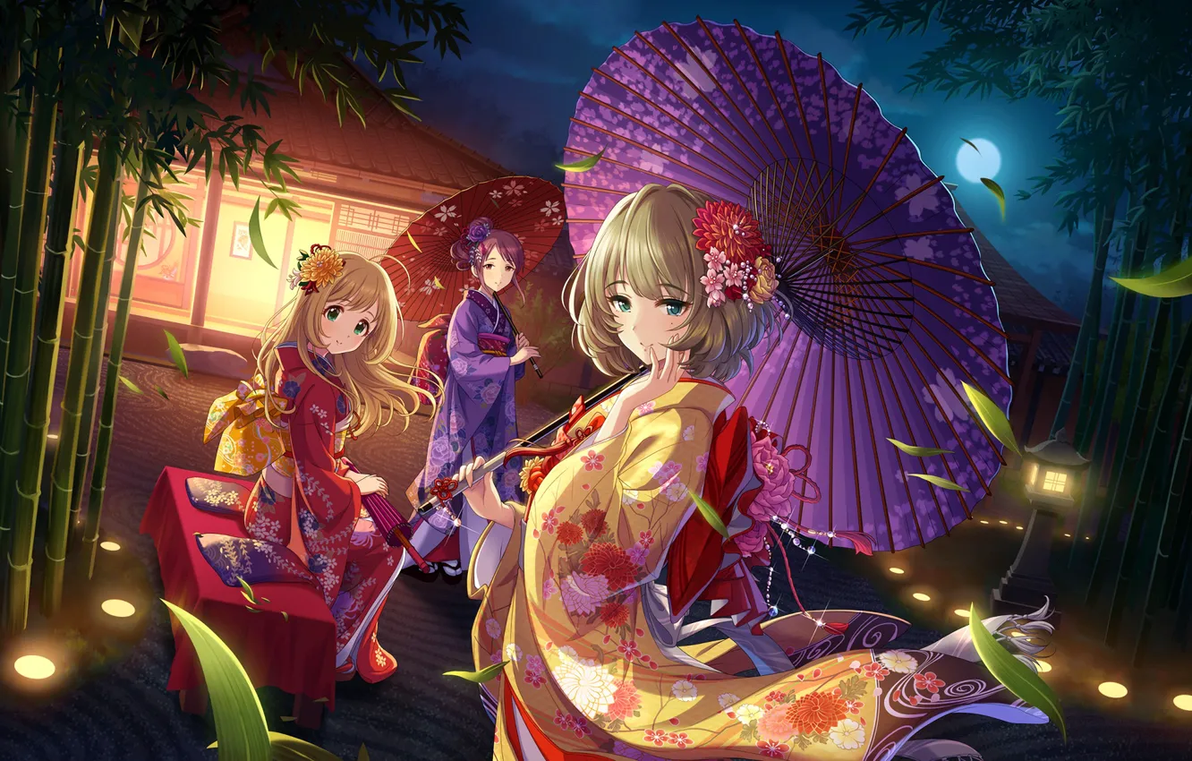 Фото обои зонтик, девушки, бамбук, кимоно, anime, art, idolmaster
