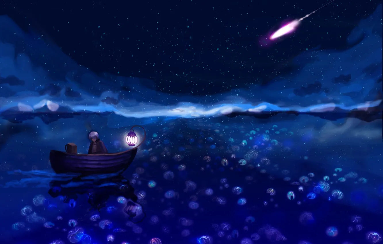 Фото обои ночь, лодка, красота, аниме, комета